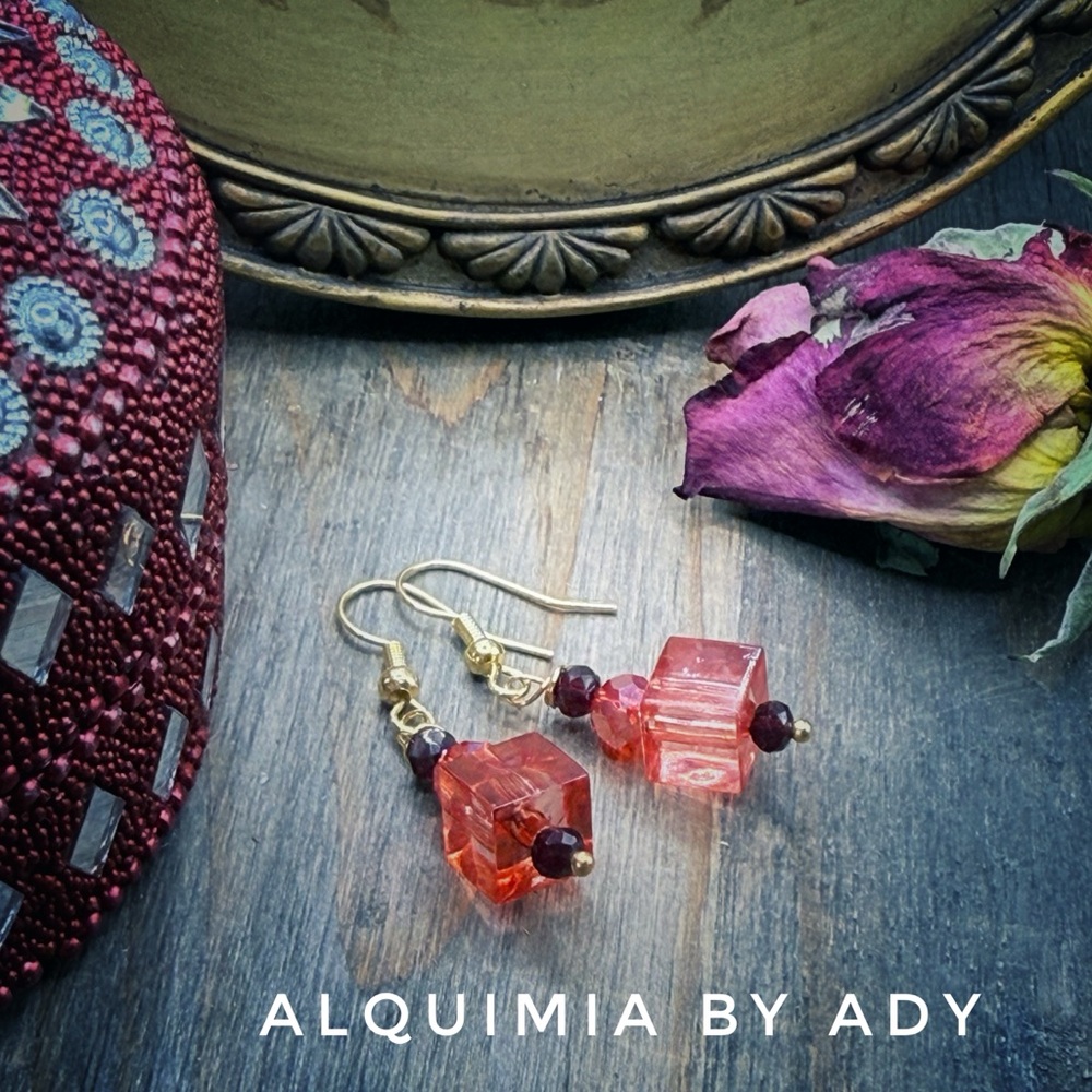 GOLD + RED TURQUOISE + CRYSTAL Victorian long earrings - Picture 2 of 2